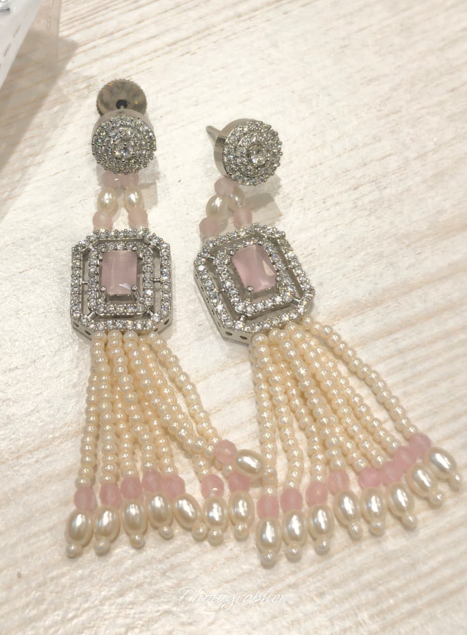 Handmade Pearl CZ Tassel Earrings
