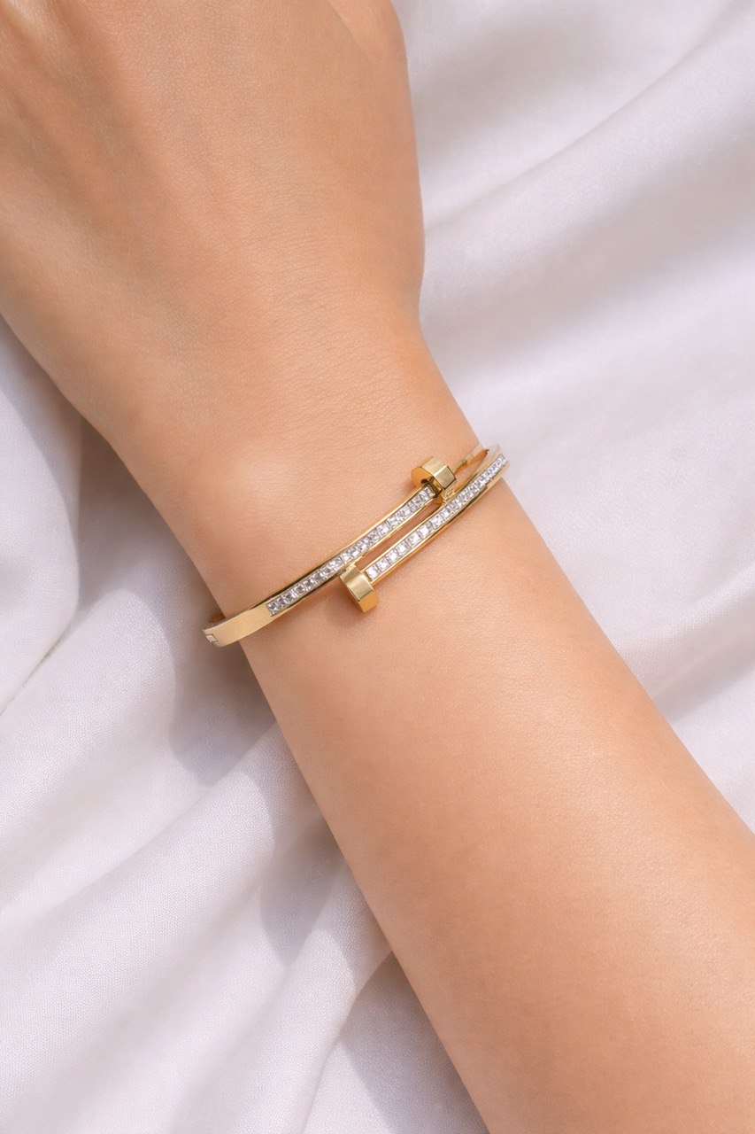 Gold Square Crystal Nail Bangle Bracelet