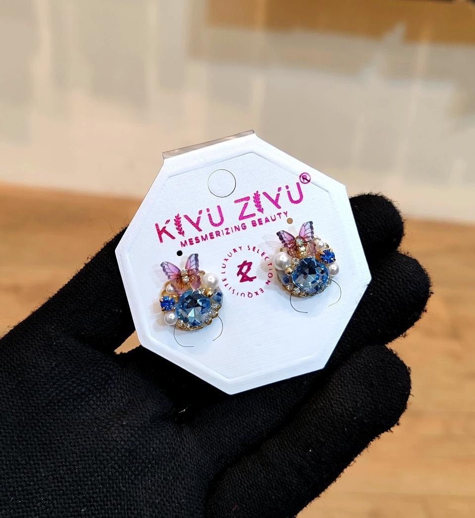 Butterfly Pearl & Blue Crystal Cluster Stud Earrings