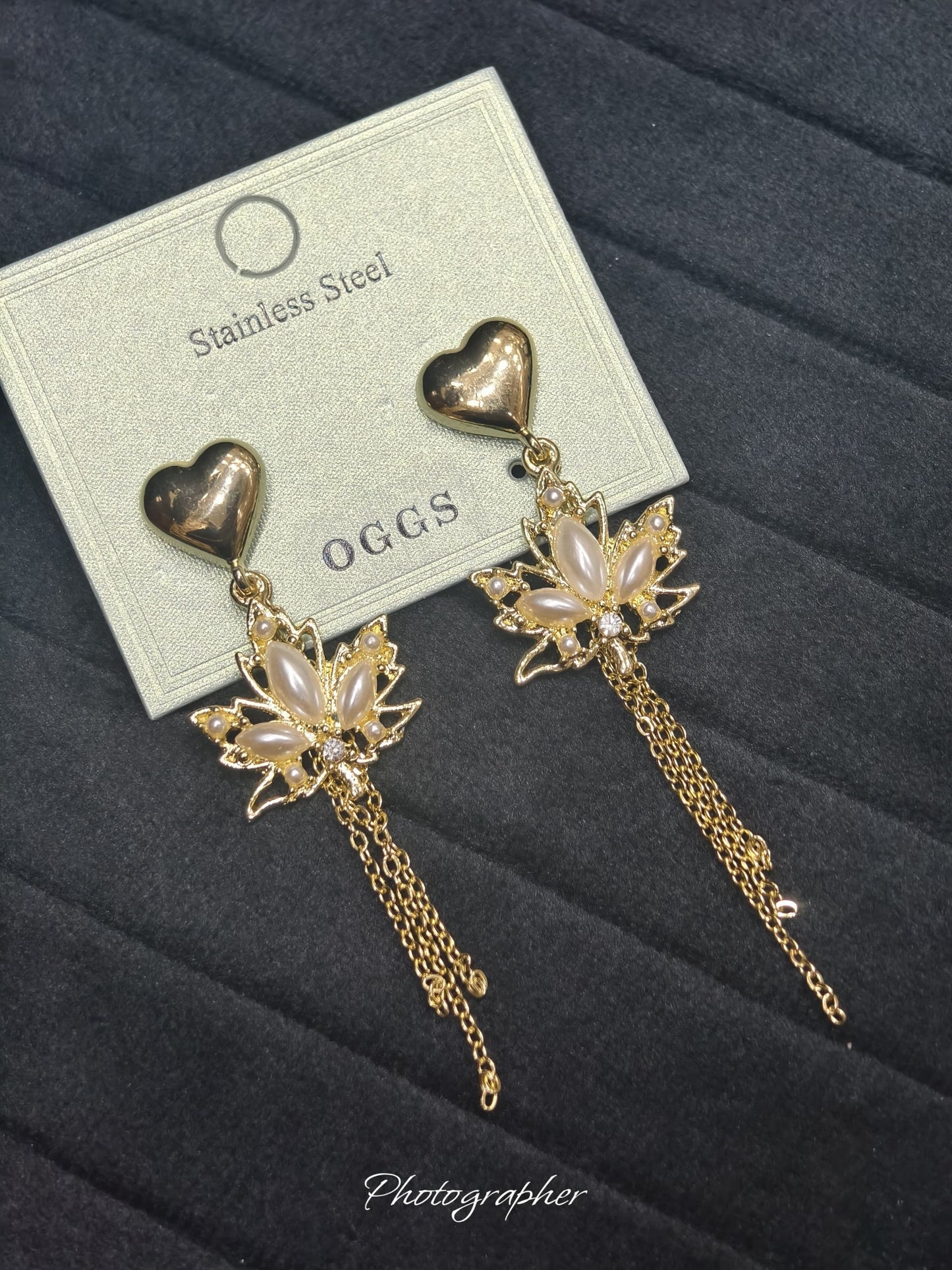 Gold Heart & Lotus Pearl Chain Tassel Drop Earrings✨