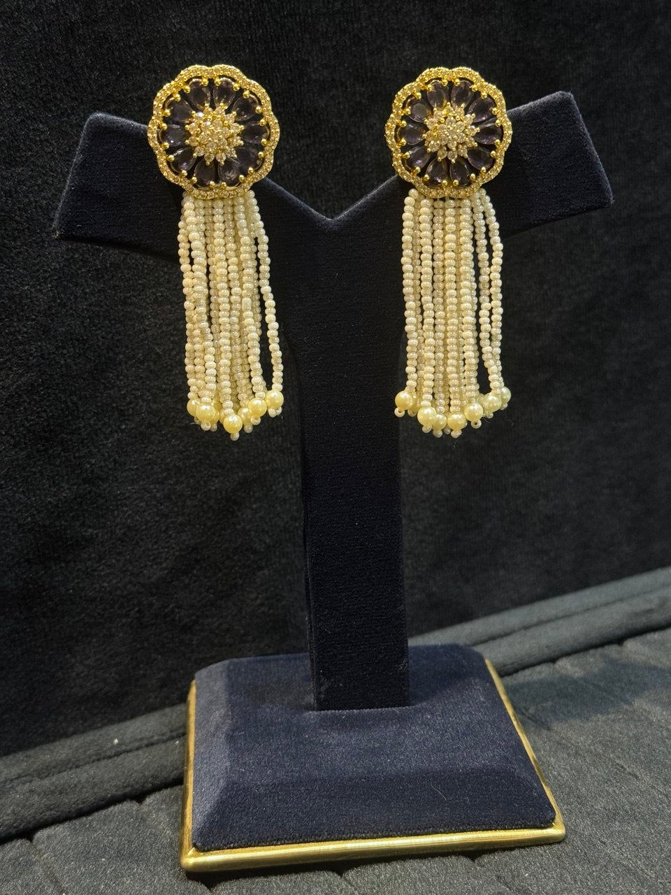 Handmade Pearl CZ Tassel Earrings