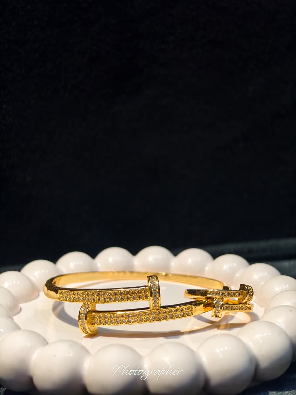 Gold Beaded Crystal Nail Bangle Bracelet