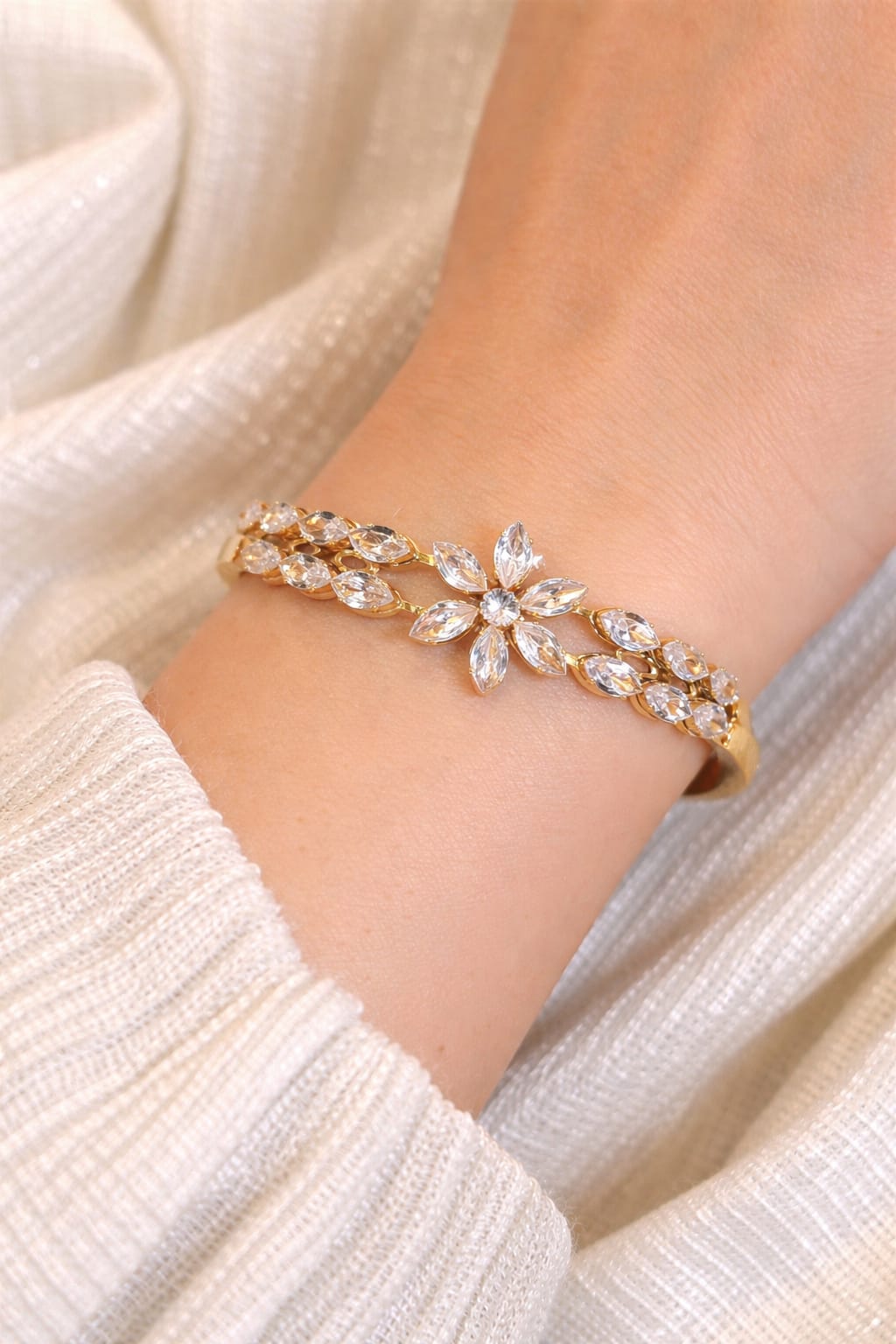Gold Marquise Flower Zircon Bangle Bracelet