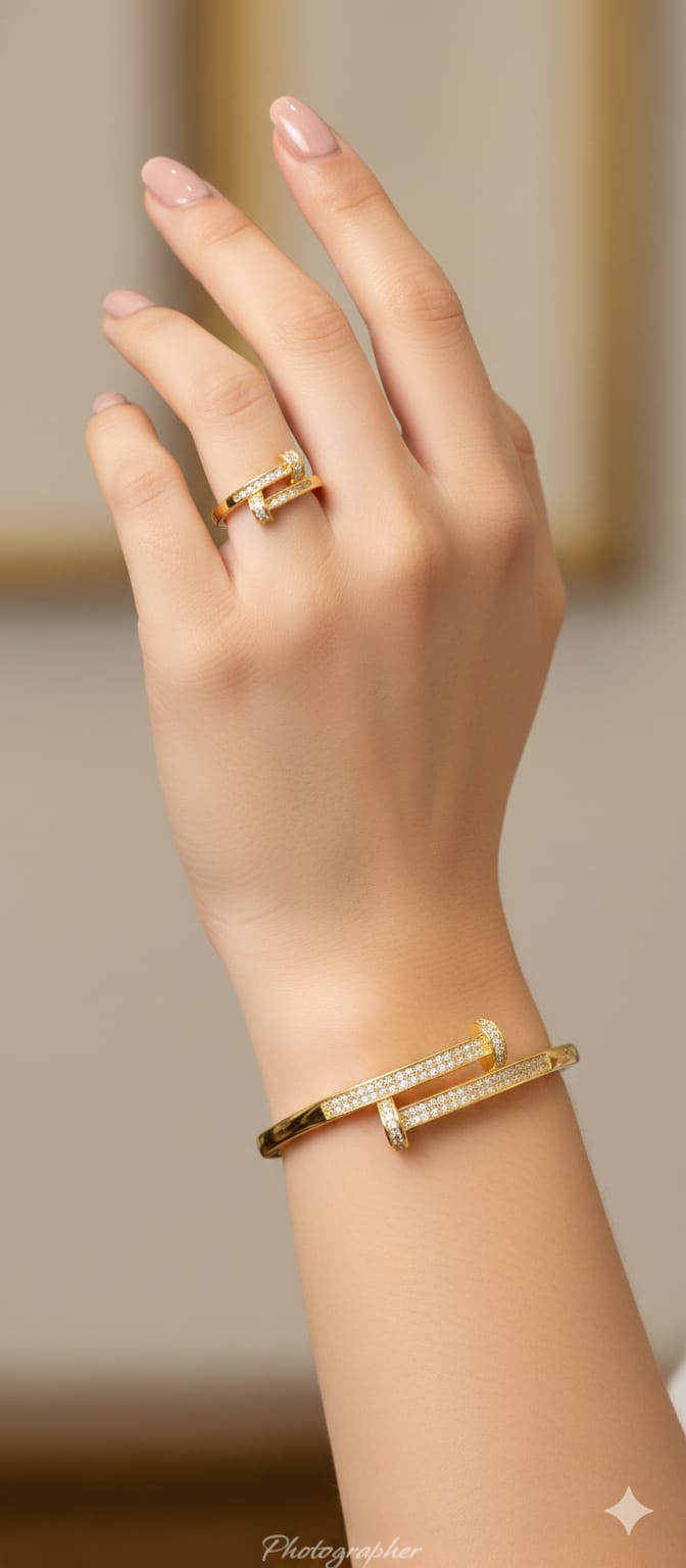 Gold Double Nail Crystal Bangle Bracelet