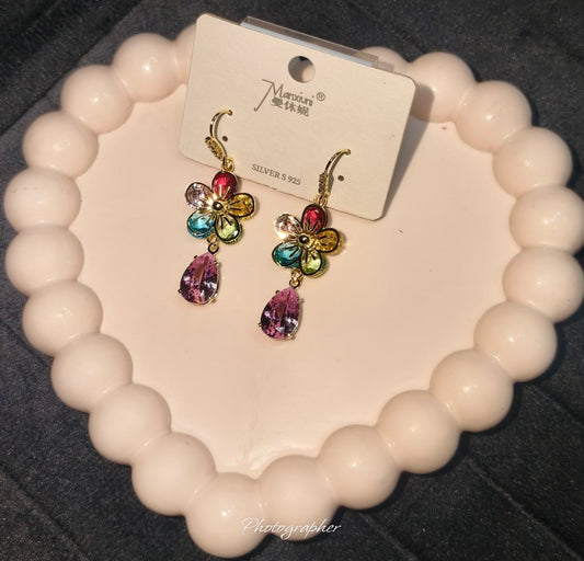Multi colour Floral Zircon Teardrop Drop Earrings