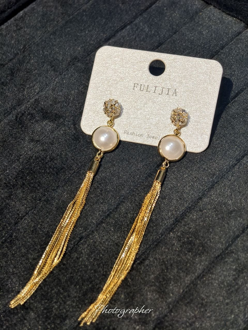 Crystal Ball Pearl & Gold Tassel Long Drop Earrings