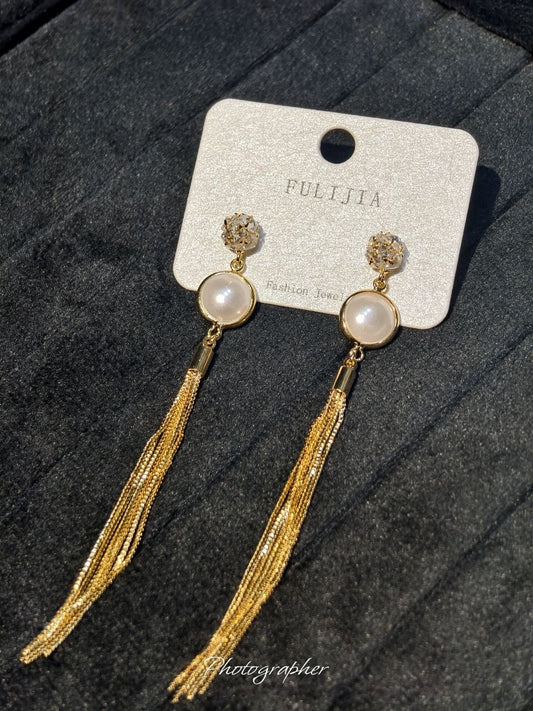 Crystal Ball Pearl & Gold Tassel Long Drop Earrings
