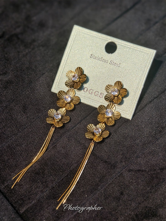 3 Flower Gold Drop Earrings