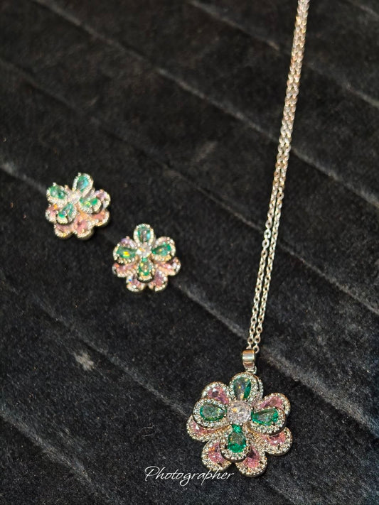 Premium Enchanted Floral Zircon Pendant & Earring Set Anti Tarnish