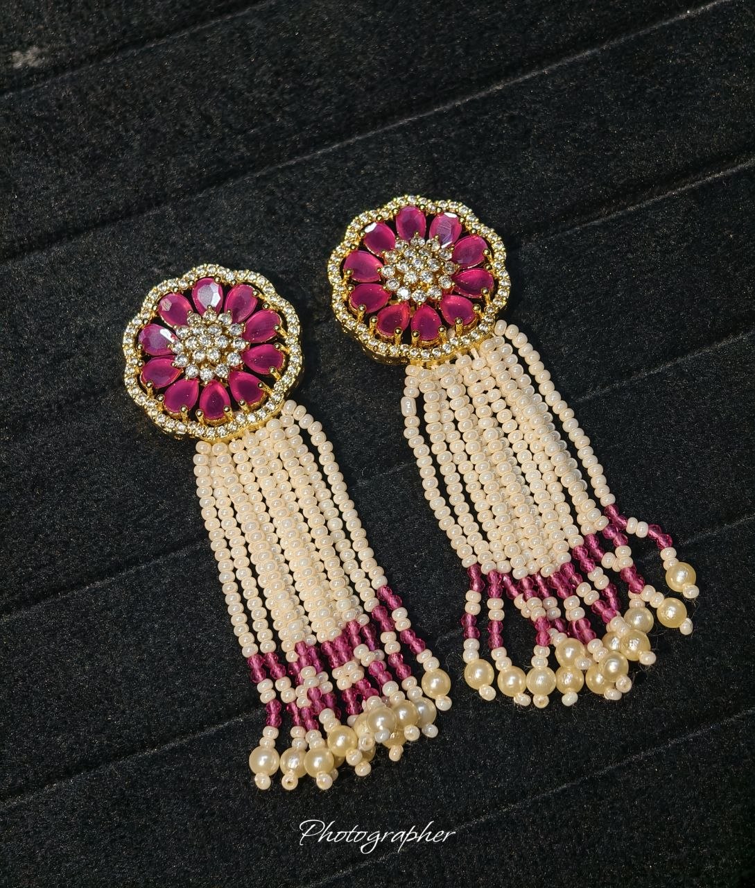 Ruby Bloom CZ Pearl Tassel Earrings