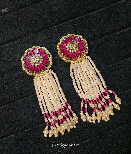 Ruby Bloom CZ Pearl Tassel Earrings