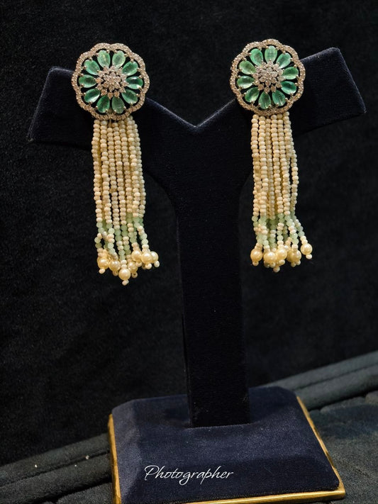 Handmade Pearl CZ Tassel Earrings