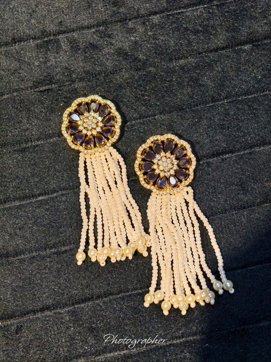 Handmade Pearl CZ Tassel Earrings