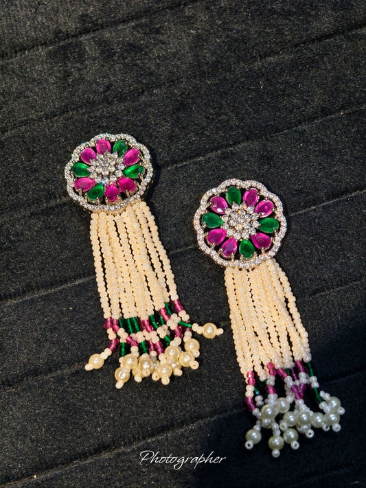 Handmade Pearl & CZ Tassel Earrings