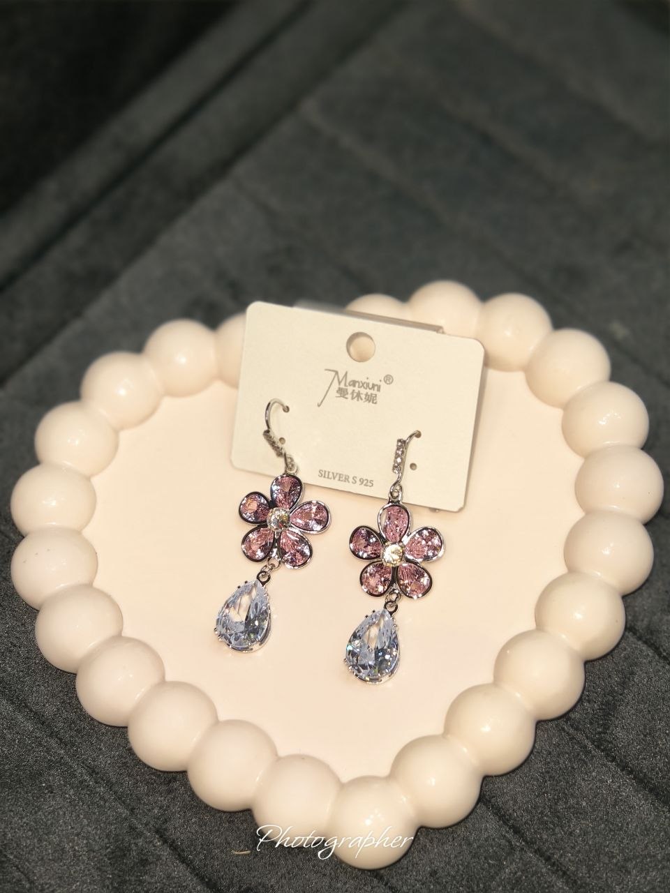 Petal soft pink crystals. Ice clear zircon teardrops.