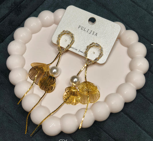 Gold Shell & Pearl Long Tassel Drop Earrings