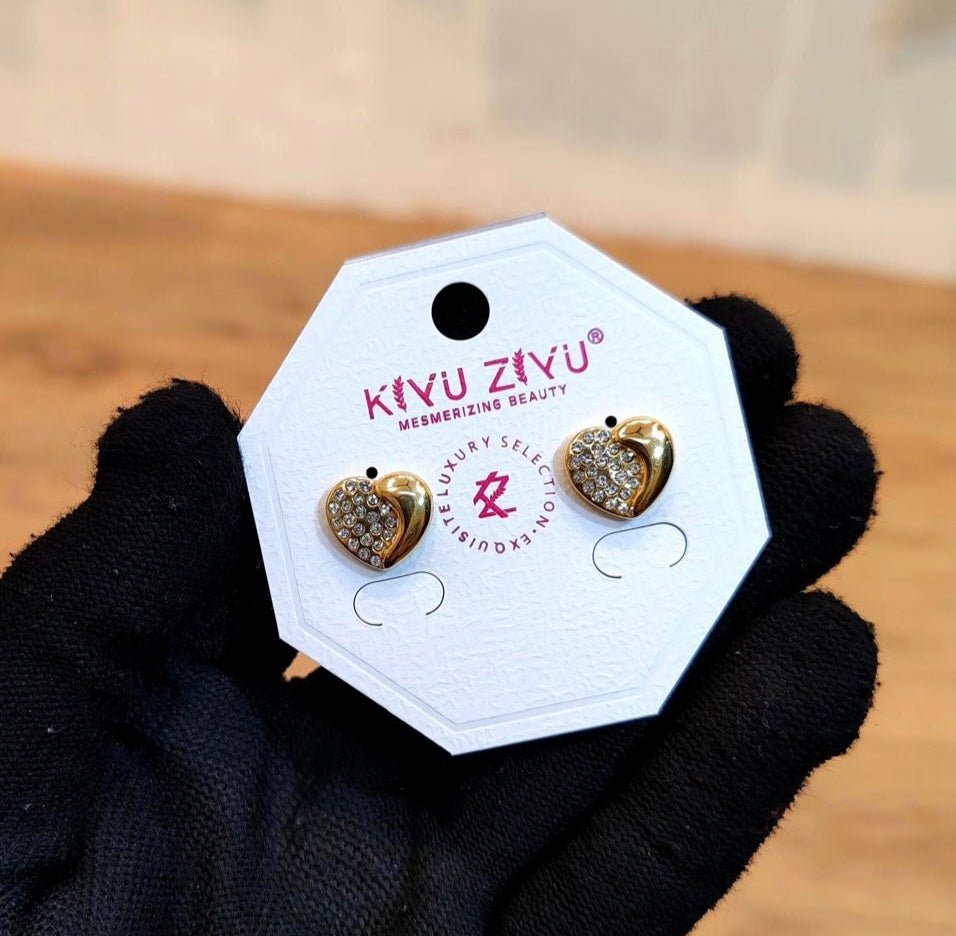 Half Diamond Half Gold Puff Heart Stud Earrings