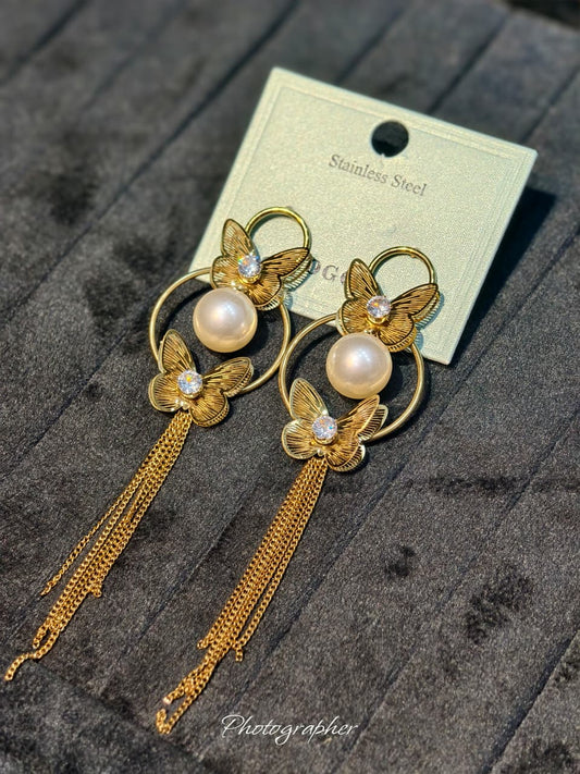 Double Butterfly Pearl & Gold Chain Tassel Earrings