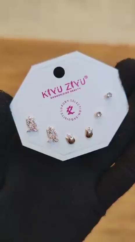 3 in 1 Rose Gold Floral Stud Earrings Set