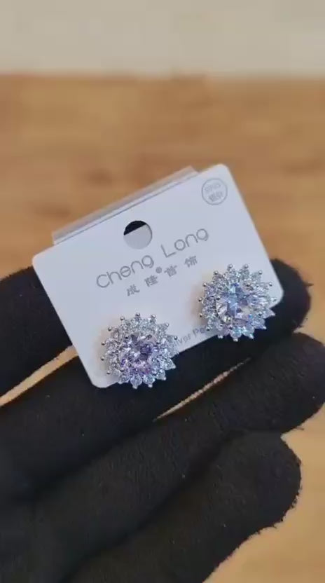 Diamond Halo Zircon Stud Earrings
