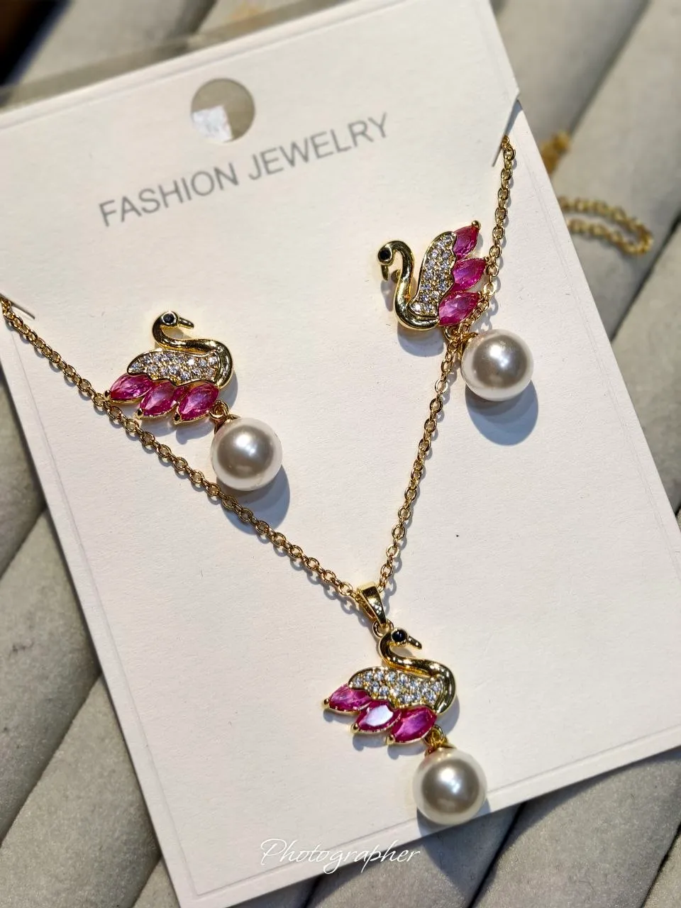 Pink Swan Crystal & Pearl Necklace and Earrings Set