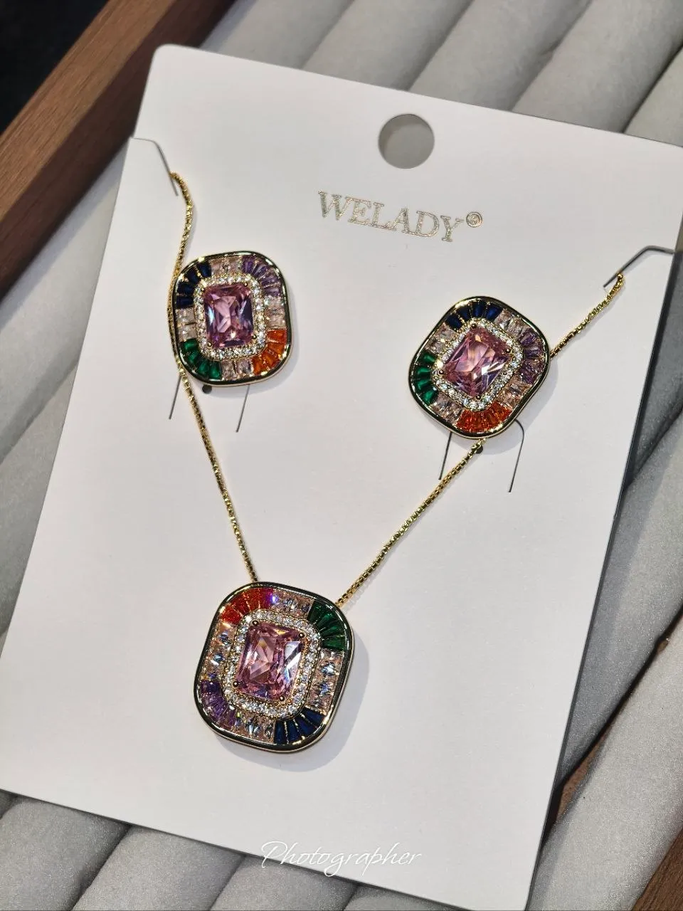 Rainbow Pink Crystal Necklace & Earring Set.