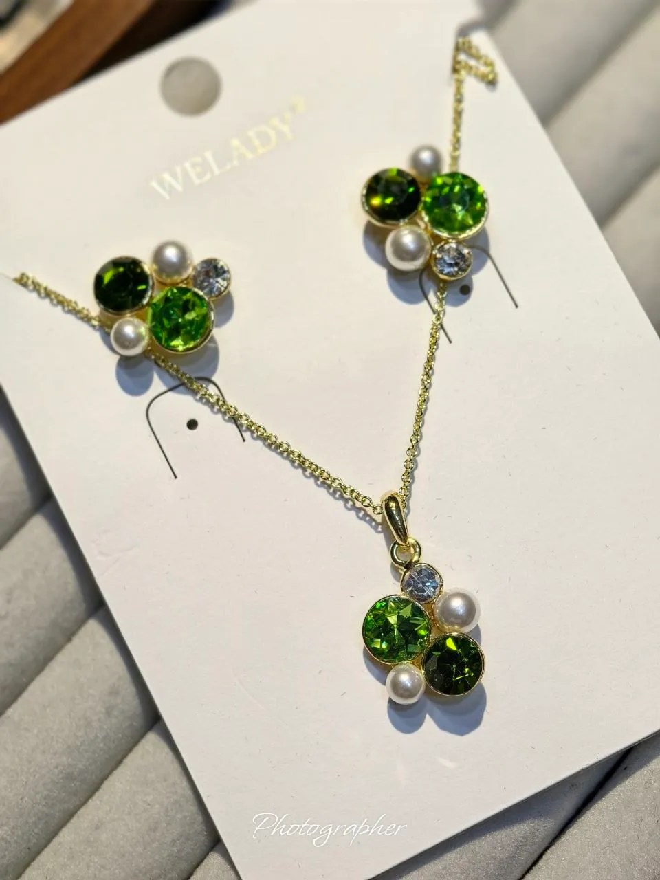 Olive Green Crystal & Pearl Necklace and Earrings Set