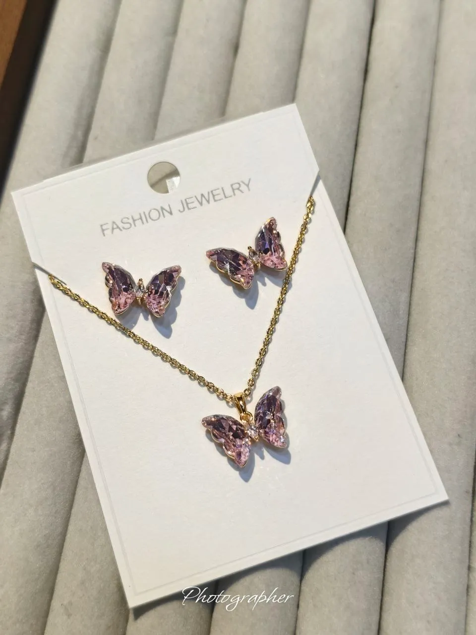Pink Butterfly Necklace & Earrings Set